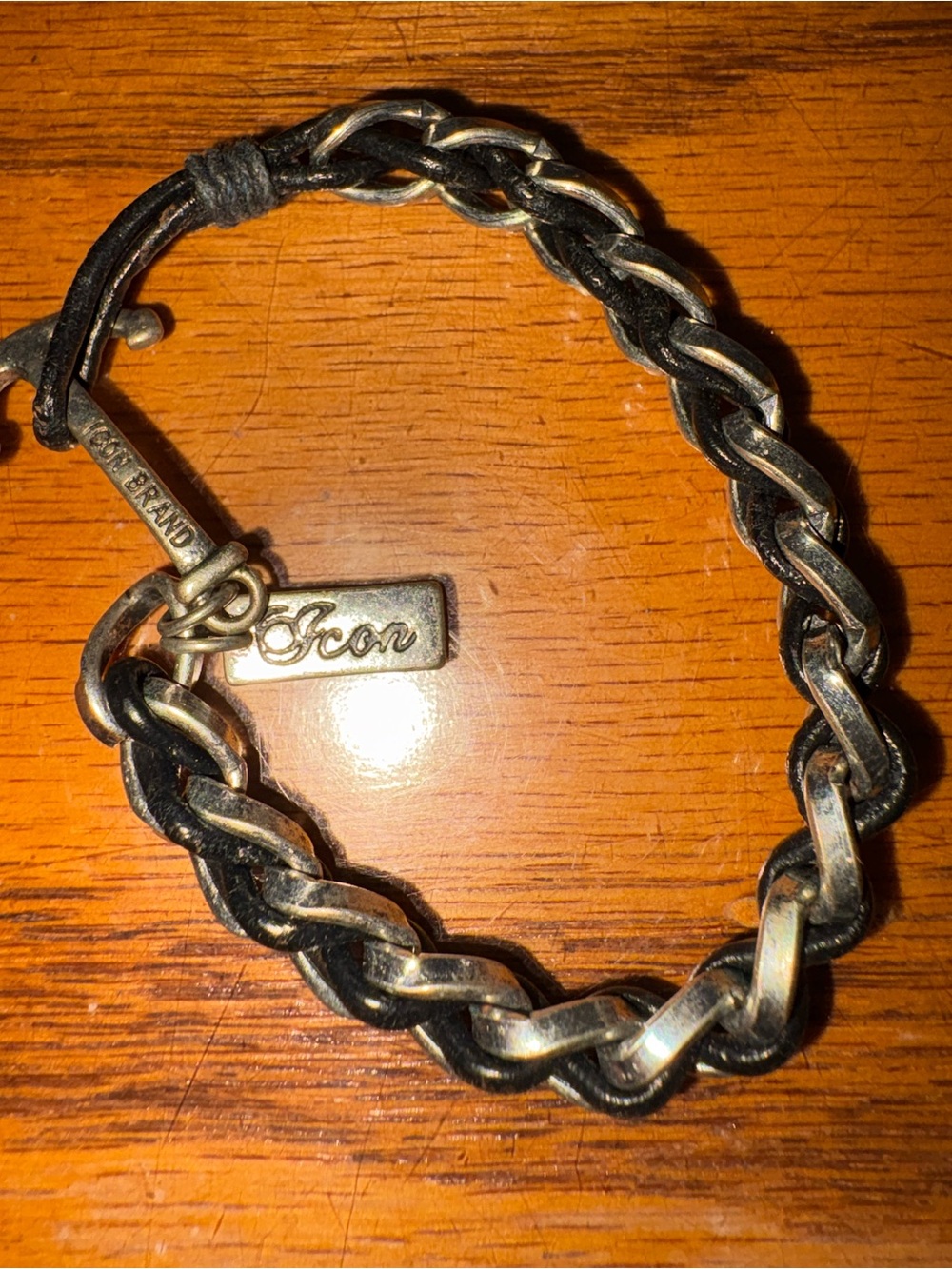 ICON Black Braided Leather and Antique Silver tone Chain Bracelet